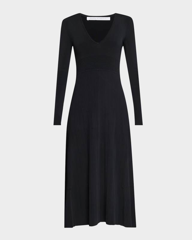 V-Neck Long-Sleeve Pleated Midi Dress
